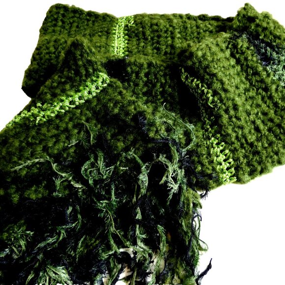 Green Scarf 110x8 Extra Long/Wide Fluffy Unique Handmade Crochet Knit Winter NWT - Picture 4 of 12
